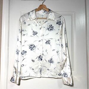 Express Floral Satin Silk Button Down Creamy Shirt Size M Classic Office Career